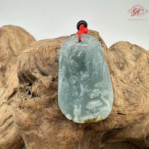 【肌容雪】天然緬甸A貨藍水山水雕刻牌吊墜繩 編號340
