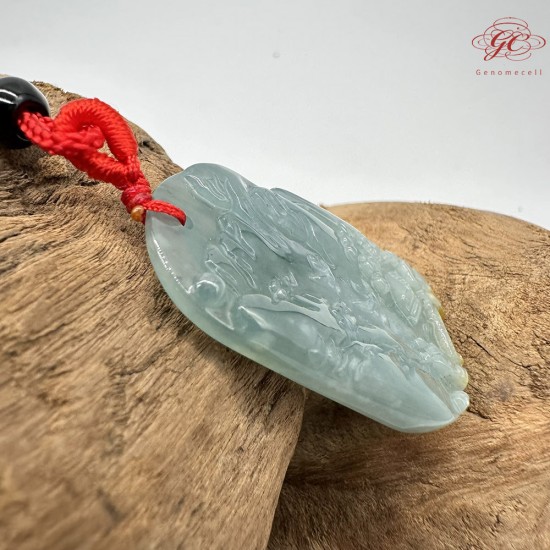 【肌容雪】天然緬甸A貨藍水山水雕刻牌吊墜繩 編號340