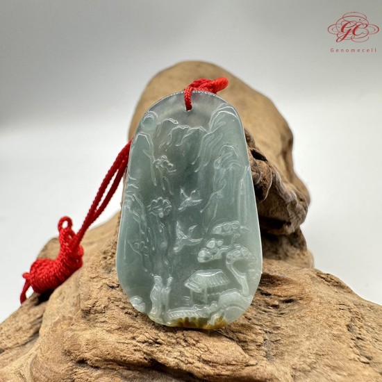 【肌容雪】天然緬甸A貨藍水山水雕刻牌吊墜繩 編號340