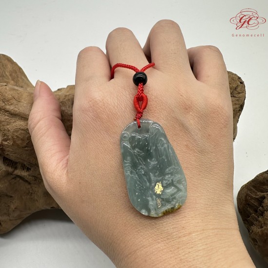 【肌容雪】天然緬甸A貨藍水山水雕刻牌吊墜繩 編號340