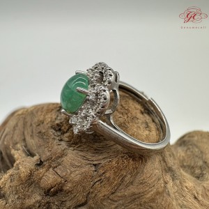 【肌容雪】天然緬甸A貨綠翡翠鑲鑽花瓣可調節戒指 編號416(戒圍17.6mm#12號)