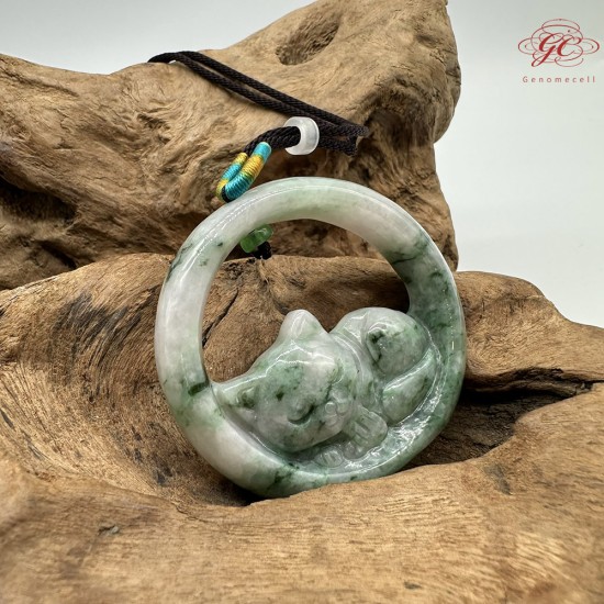 【肌容雪】天然緬甸A貨翡翠綠飄花貓咪吊墜繩 編號441