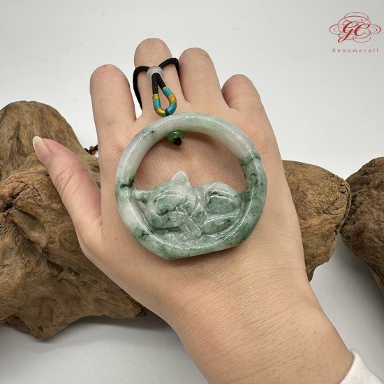 【肌容雪】天然緬甸A貨翡翠綠飄花貓咪吊墜繩 編號441