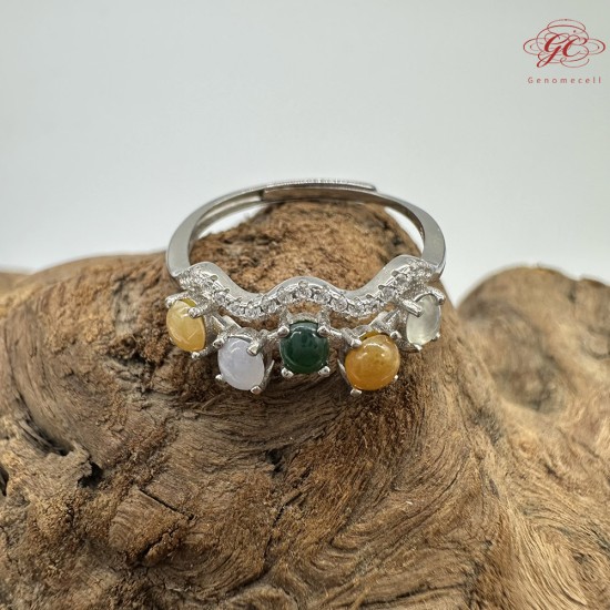 【肌容雪】天然緬甸A貨多彩翡翠鑲崁可調節戒指 編號508(戒圍19.0mm#15號)