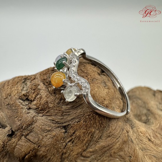 【肌容雪】天然緬甸A貨多彩翡翠鑲崁可調節戒指 編號508(戒圍19.0mm#15號)