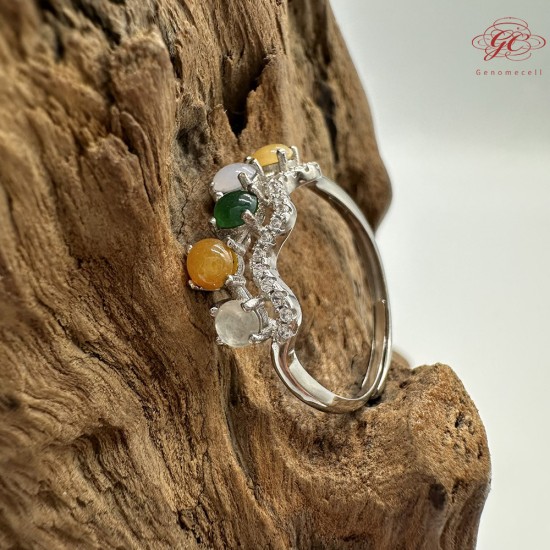 【肌容雪】天然緬甸A貨多彩翡翠鑲崁可調節戒指 編號508(戒圍19.0mm#15號)