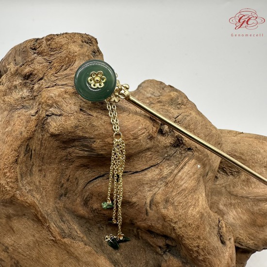 【肌容雪】天然緬甸A貨翡翠綠玉圓牌梅花流蘇髮簪 編號566