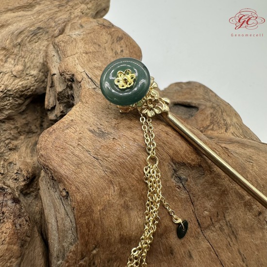 【肌容雪】天然緬甸A貨翡翠綠玉圓牌梅花流蘇髮簪 編號566