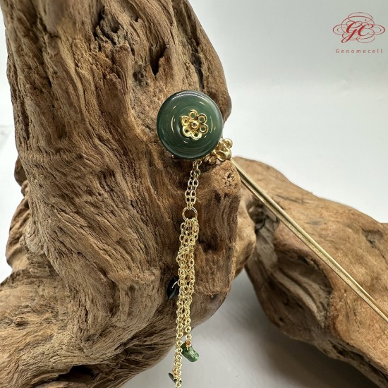 【肌容雪】天然緬甸A貨翡翠綠玉圓牌梅花流蘇髮簪 編號566