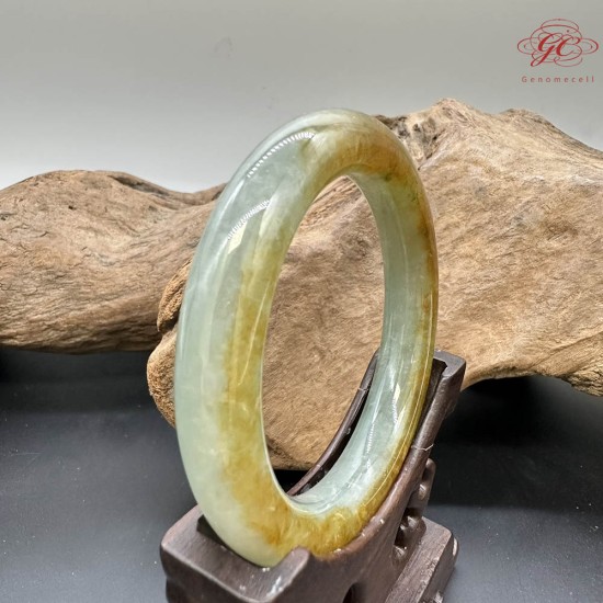 【肌容雪】天然緬甸A貨淡綠黃褐翡翠圓條手鐲 編號920(鐲圍55.1mm#17.5號)