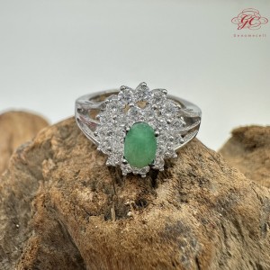 【肌容雪】天然緬甸A貨翡翠蛋面鑲鑽戒指 編號979(戒圍17.7mm#12號)