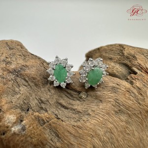 【肌容雪】天然緬甸A貨翡翠蛋面鑲鑽耳針 編號982