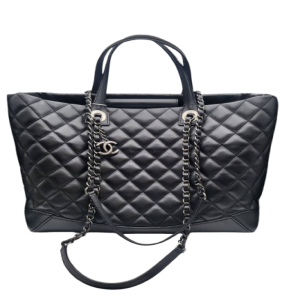 二手香奈兒黑銀色菱格牛皮托特包-編號L98 