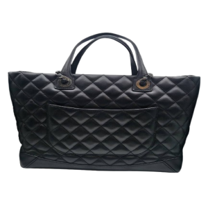 二手香奈兒黑銀色菱格牛皮托特包-編號L98 