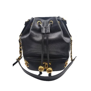 二手奢侈品香奈兒黑金水桶金球斜挎背包-編號L99 