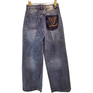 二手奢侈品LV路易威登刺繡口袋牛仔直筒褲(9.9新, 腰72臀98長111)-編號S184