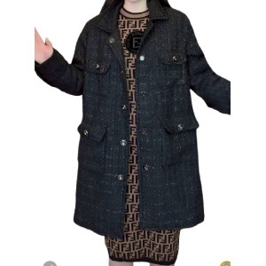二手奢侈品Chanel香奈兒黑色斜紋軟呢外套 (9.9新, 肩50胸120長90)-編號S215