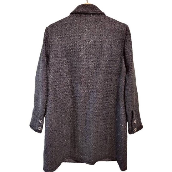 二手奢侈品Chanel香奈兒黑色斜紋軟呢外套 (9.9新, 肩50胸120長90)-編號S215