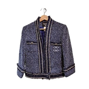 二手奢侈品Chanel香奈兒經典深藍色斜紋軟呢外套 (9.9新,肩36胸84長52)-編號S234