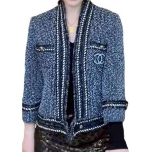 二手奢侈品Chanel香奈兒經典深藍色斜紋軟呢外套 (9.9新,肩36胸84長52)-編號S234