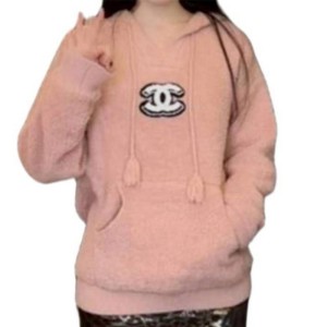 二手奢侈品Chanel香奈兒粉色泰迪絨連帽衫 (9.9新,肩60胸104長68)-編號S252