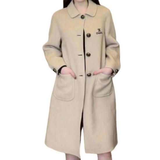 二手奢侈品Chanel 香奈兒淺米色羊毛長版大衣 (9.9新,肩34胸96長102)-編號S255