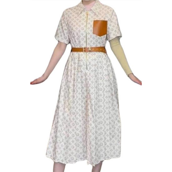二手奢侈品Louis Vuitton 淡雅粉色經典 Monogram 圖案柔和的美感洋裝 (9.9新,肩39胸94長117)-編號S300