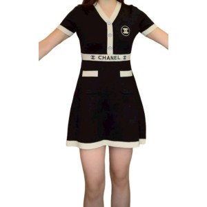 二手奢侈品香奈兒Chanel撞色 A 字針織洋裝 (9.9新,肩38胸92長82)-編號S334