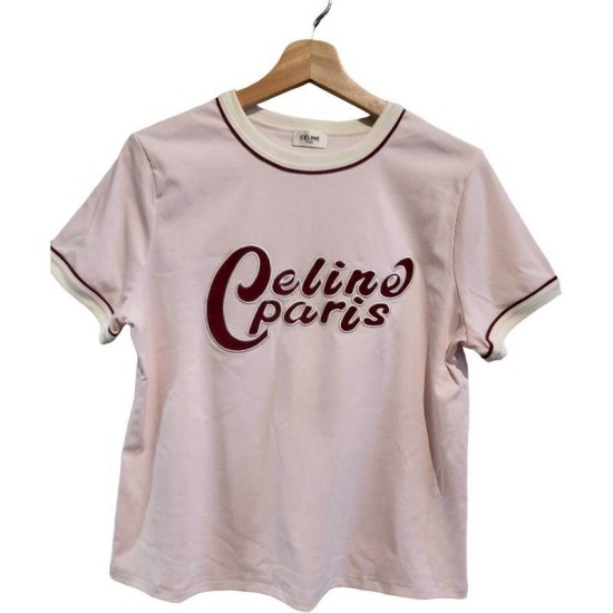 二手奢侈品賽琳CELINE French Tee 系列粉色經典短袖 (9.9新,肩40胸100長60)-編號S345