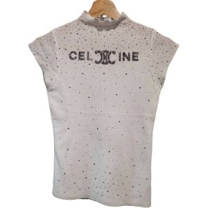 二手奢侈品CELINE賽琳 水鑽白色針織短袖上衣 (9.9新,肩30胸72長58)-編號S358