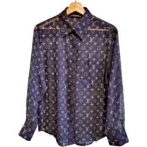 二手奢侈品路易威登Louis Vuitton Monogram深藍色透視感長袖襯衫 (9.9新,肩42胸104長72袖長60)-編號S375