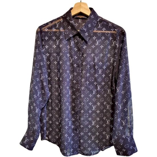 二手奢侈品路易威登Louis Vuitton Monogram深藍色透視感長袖襯衫 (9.9新,肩42胸104長72袖長60)-編號S375