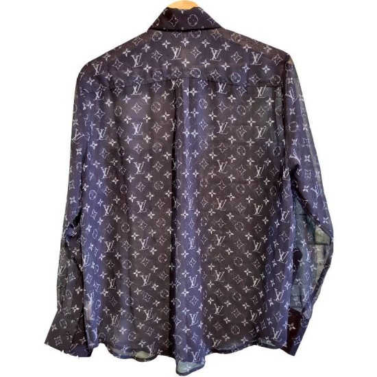 二手奢侈品路易威登Louis Vuitton Monogram深藍色透視感長袖襯衫 (9.9新,肩42胸104長72袖長60)-編號S375