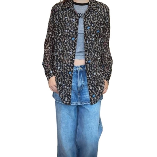 二手奢侈品香奈兒CHANEL 長袖滿版logo襯衫 (9.9新,肩42胸100長77袖長61)-編號S380