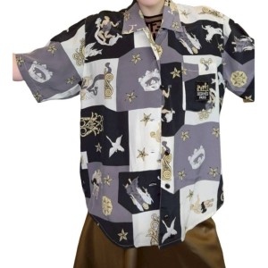 二手奢侈品愛馬仕Hermès 古著絲綢短袖襯衫 (9.9新,肩42胸112長66)-編號S392