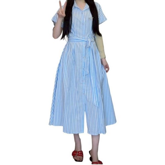 二手奢侈品迪奧Christian Dior 藍白條紋襯衫連衣裙 (9.9新,肩42胸92腰96長122)-編號S400