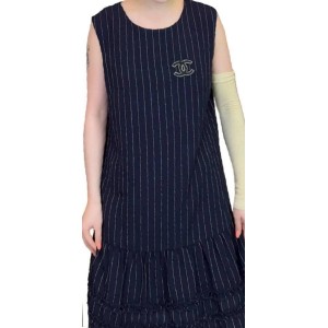 二手奢侈品香奈兒CHANEL 經典海軍藍直條紋無袖連身洋裝 (9.9新,肩38胸94長87)-編號S407