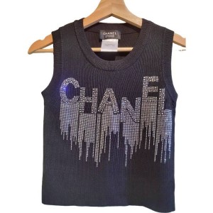 二手奢侈品香奈兒CHANEL 水晶流蘇設計CHANEL字樣黑色上衣 (9.9新,肩38胸90長47)-編號S408