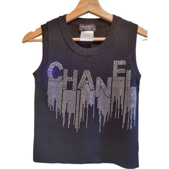 二手奢侈品香奈兒CHANEL 水晶流蘇設計CHANEL字樣黑色上衣 (9.9新,肩38胸90長47)-編號S408