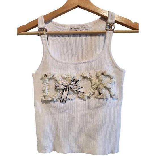 二手奢侈品迪奧 Christian Dior 珍珠裝飾字母刺繡背心 (9.9新, 肩36胸70長45(有彈性))-編號S418