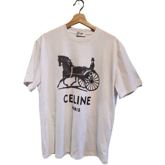 二手奢侈品賽琳CELINE 復古馬車印花白色短袖 T 恤 (9.9新,肩50胸120長76)-編號S421