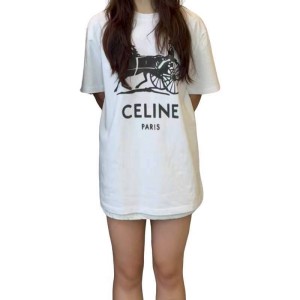 二手奢侈品賽琳CELINE 復古馬車印花白色短袖 T 恤 (9.9新,肩50胸120長76)-編號S421