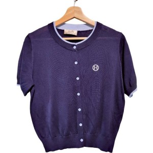 二手奢侈品Hermès愛馬仕 深藍短袖針織刺繡開襟衫(9.9新  肩40胸50長55) -編號S430