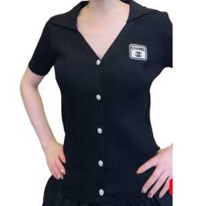 【二手精品9.9新】 香奈兒 (Chanel) 黑色羅紋針織短袖開襟衫(肩38胸40長58(有彈性))編號S536