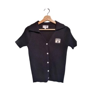 【二手精品9.9新】 香奈兒 (Chanel) 黑色羅紋針織短袖開襟衫(肩38胸40長58(有彈性))編號S536