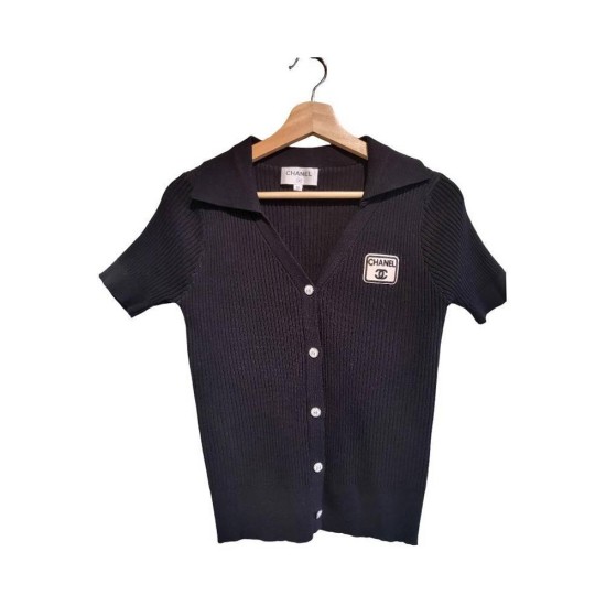【二手精品9.9新】 香奈兒 (Chanel) 黑色羅紋針織短袖開襟衫(肩38胸40長58(有彈性))編號S536