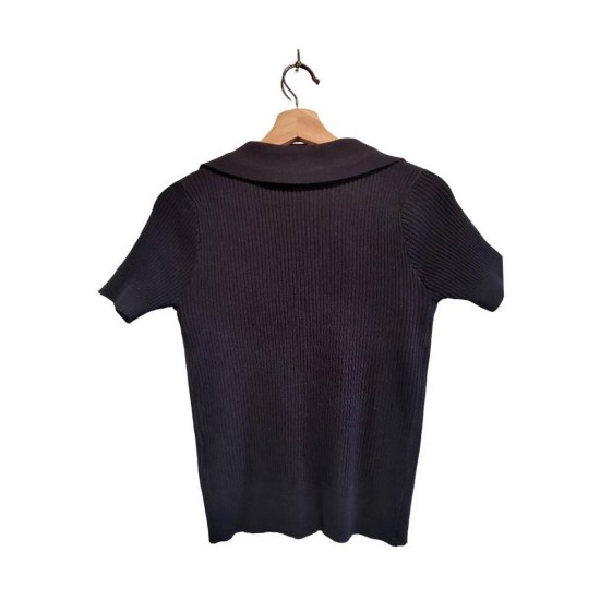 【二手精品9.9新】 香奈兒 (Chanel) 黑色羅紋針織短袖開襟衫(肩38胸40長58(有彈性))編號S536