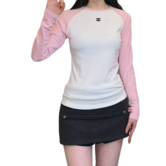 【二手精品9.9新】 CHANEL（香奈兒）粉白雙色拼接螺紋長袖 T 恤(肩38胸42長57袖長59(彈性))編號S542