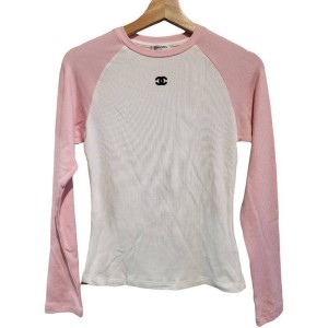 【二手精品9.9新】 CHANEL（香奈兒）粉白雙色拼接螺紋長袖 T 恤(肩38胸42長57袖長59(彈性))編號S542