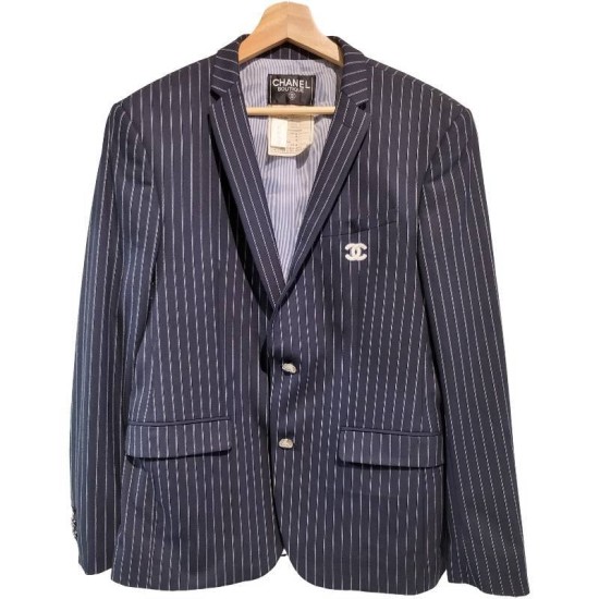 【二手精品9.9新】 香奈兒（Chanel）Boutique古著（Vintage）海軍藍白細直條紋西裝外套(肩45胸48長74袖長63)編號S557